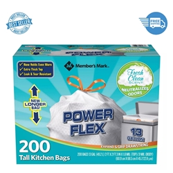 Members Mark Power Flex Tall Kitchen Drawstring Trash Bags- 13 gal- 200ct Per Case 